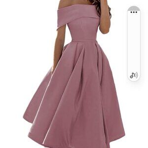 Off the shoulder satin dusty pink dress